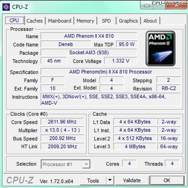 Процесор AMD Phenom II X4 810 95W 4 ЯДРА 2 6GHz sAM3 AM2 Tray