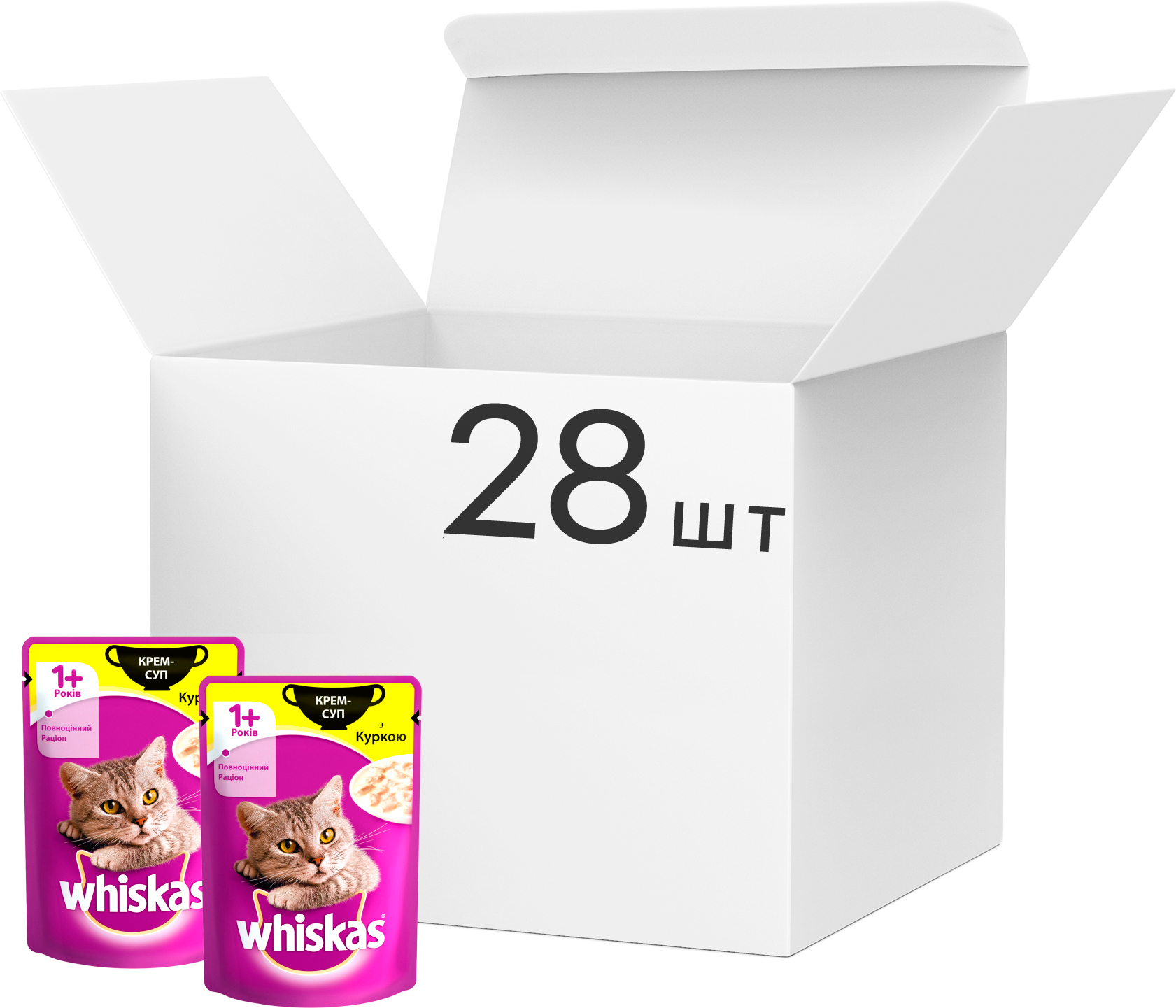 Упаковка влажного корма для котов Whiskas для котов крем-суп с курицей 28 шт по 85 г (4770608255428)
Упаковка влажного корма для котов Whiskas для котов крем-суп с курицей 28 шт по 85 г (4770608255428)