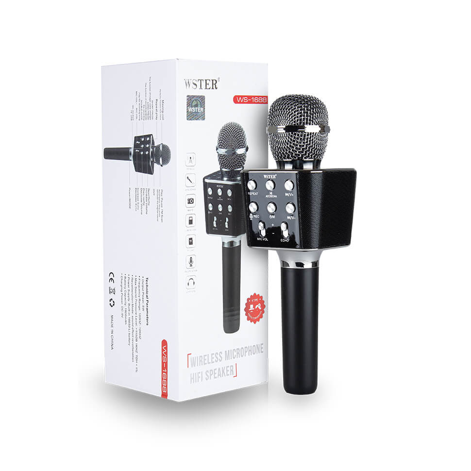 Ручной микрофон караоке для пения, беспроводный с динамиком, блютуз (Bluetooth), FM радио и функцией записи голоса WSTER WS-1688-B Черный + USB (флешка) + TF (слот для карты памяти) + AUX (для наушников или колонок) + функция селфи
Ручной микрофон караоке для пения, беспроводный с динамиком, блютуз (Bluetooth), FM радио и функцией записи голоса WSTER WS-1688-B Черный + USB (флешка) + TF (слот для карты памяти) + AUX (для наушников или колонок) + функция селфи