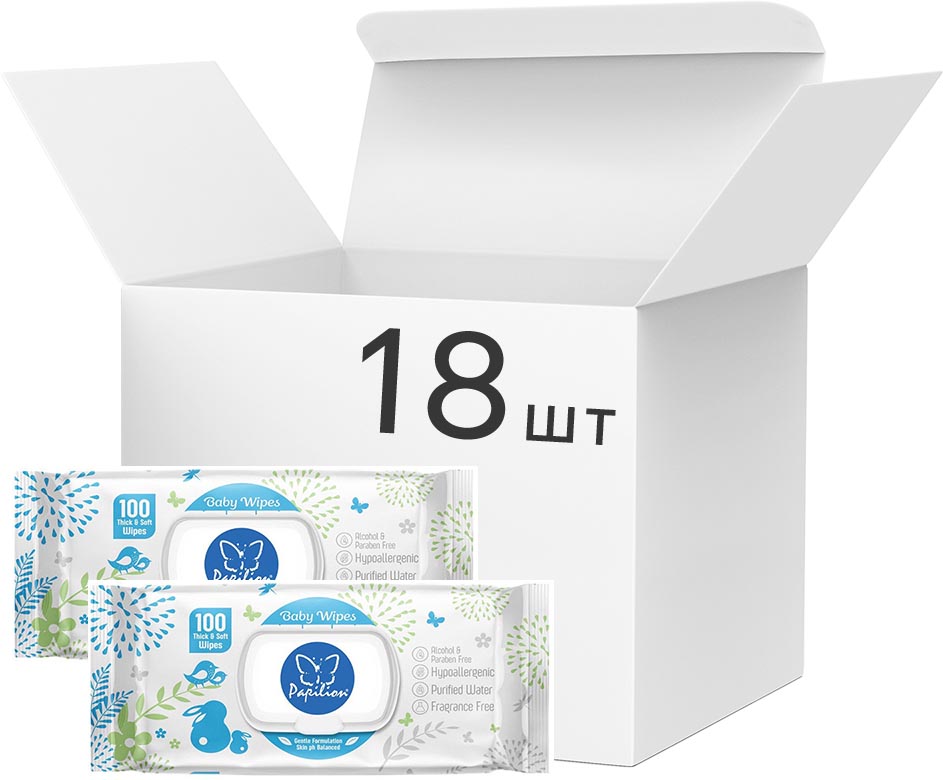Упаковка детских влажных салфеток Papilion Pure с пластиковой крышкой 18 х 100 шт (8692857014938)
Упаковка детских влажных салфеток Papilion Pure с пластиковой крышкой 18 х 100 шт (8692857014938)