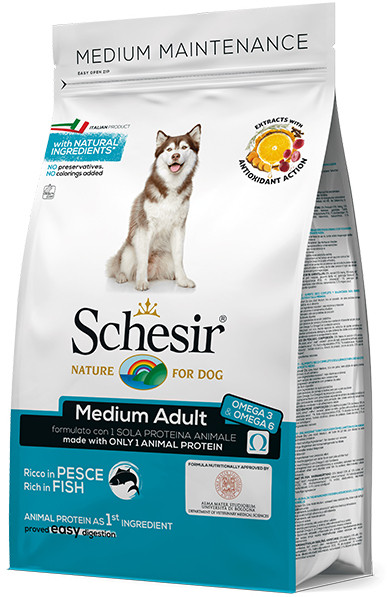 Сухой монопротеиновый корм для собак средних пород Schesir Dog Medium Adult Fish 3 кг 
Сухой монопротеиновый корм для собак средних пород Schesir Dog Medium Adult Fish 3 кг