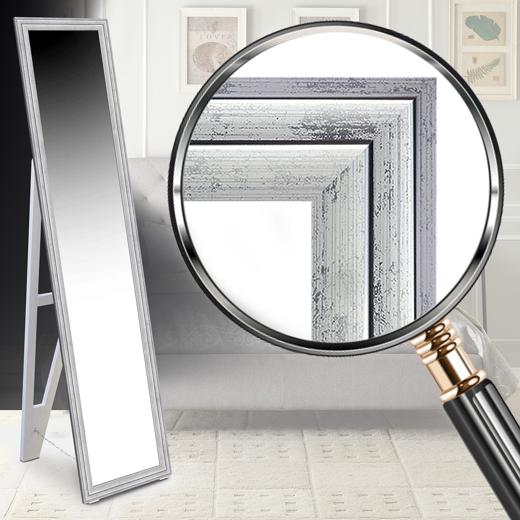 Напольное зеркало в раме в полный рост на деревянной подставке Decorfrom Silver small modern 45х168 серебристое
Напольное зеркало в раме в полный рост на деревянной подставке Decorfrom Silver small modern 45х168 серебристое