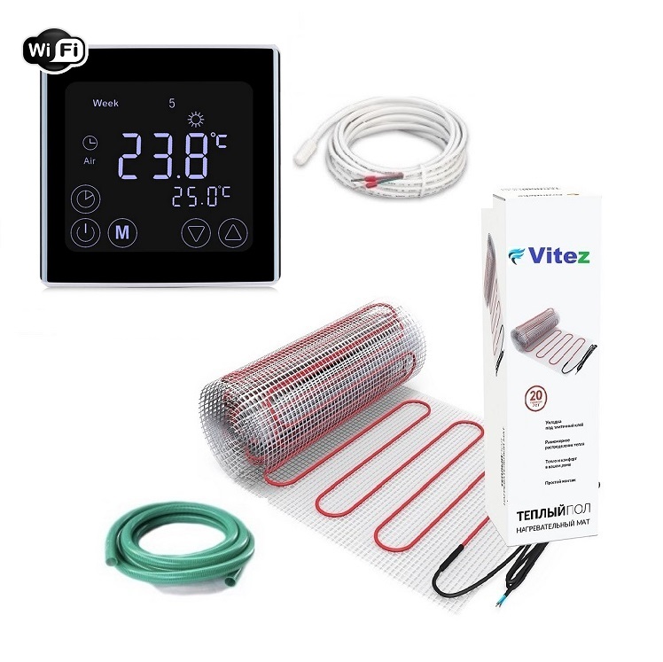 Теплый пол Vitez двухжильный мат 500 Вт 3 м2 в комплекте с программируемым WI-FI black терморегулятором и датчиком температуры 
Теплый пол Vitez двухжильный мат 500 Вт 3 м2 в комплекте с программируемым WI-FI black терморегулятором и датчиком температуры
