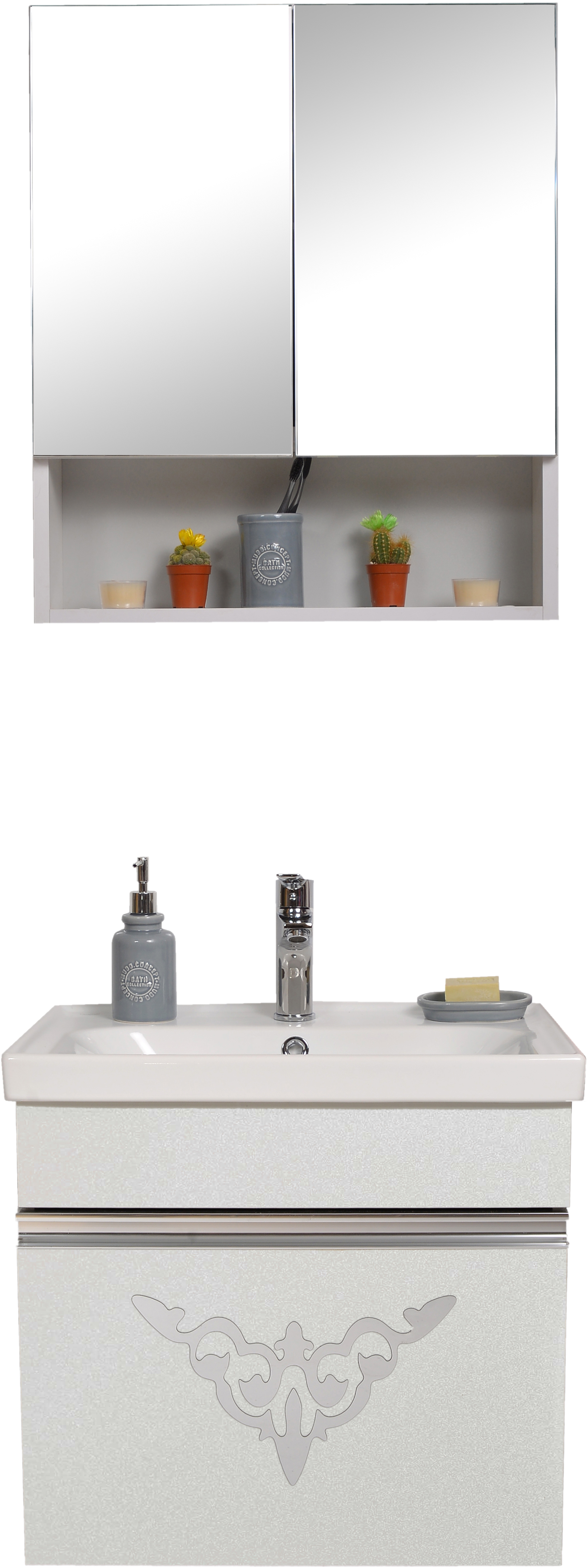 Комплект мебели ANKA PLUS Myra с тумбой и умывальником + зеркало Metallic White 0600D699
Комплект мебели ANKA PLUS Myra с тумбой и умывальником + зеркало Metallic White 0600D699