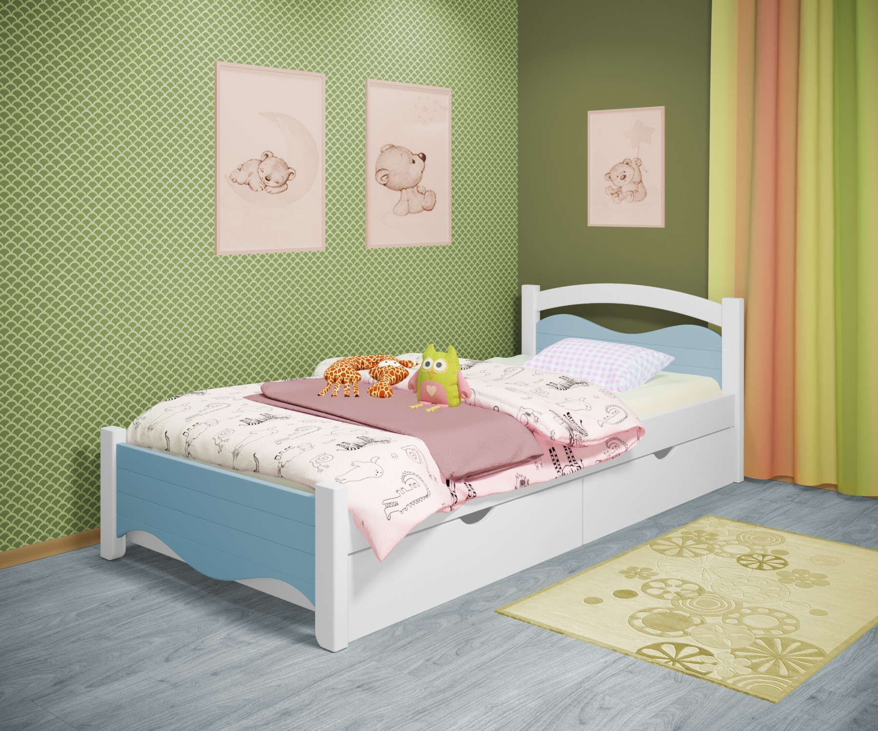 Кровать односпальная RainbowDream Фабертино 80х190 см бело-голубой массив ольхи, с ящиками
Кровать односпальная RainbowDream Фабертино 80х190 см бело-голубой массив ольхи, с ящиками