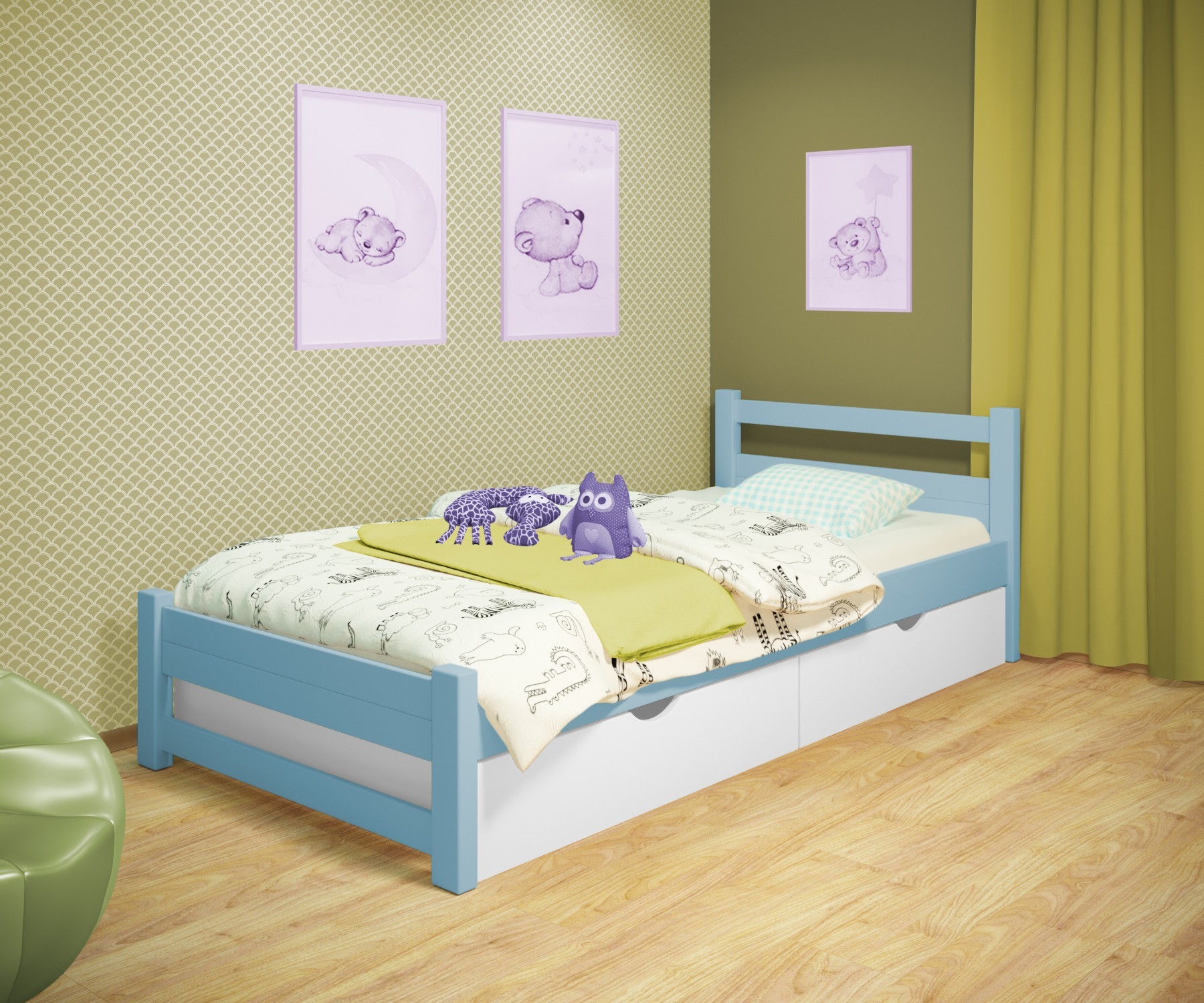 Кровать односпальная RainbowDream Филипп 80х190 см голубой массив ольхи, с ящиками
Кровать односпальная RainbowDream Филипп 80х190 см голубой массив ольхи, с ящиками