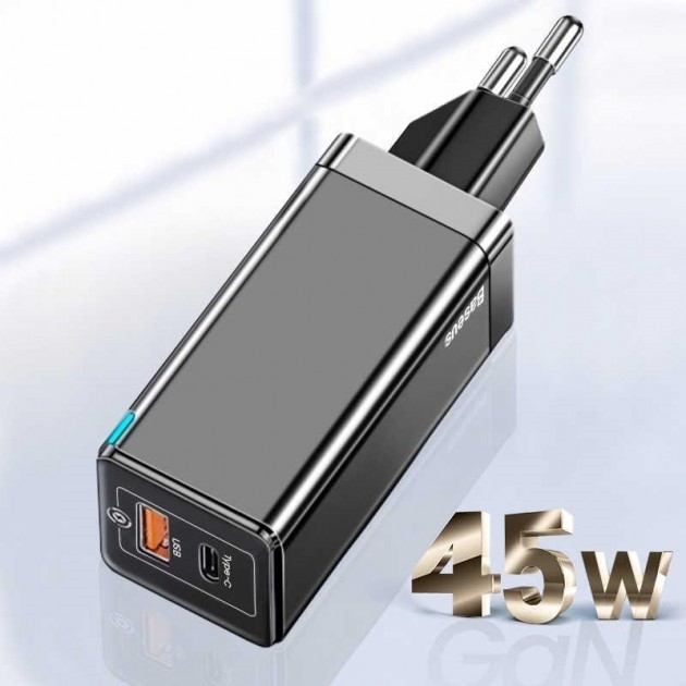 Зарядное устройство Baseus GaN Quick Charger 45W (Type-С+USB) + кабель USB-C 60W для MacBook/iPad/iPhone/Android black
Зарядное устройство Baseus GaN Quick Charger 45W (Type-С+USB) + кабель USB-C 60W для MacBook/iPad/iPhone/Android black