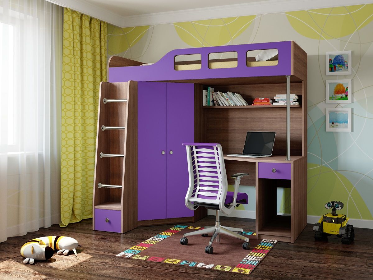 Детская Кровать-чердак для школьника со шкафом, полками, столом с тумбой 198х114х186см дуб шамони+сирень 65001
Детская Кровать-чердак для школьника со шкафом, полками, столом с тумбой 198х114х186см дуб шамони+сирень 65001