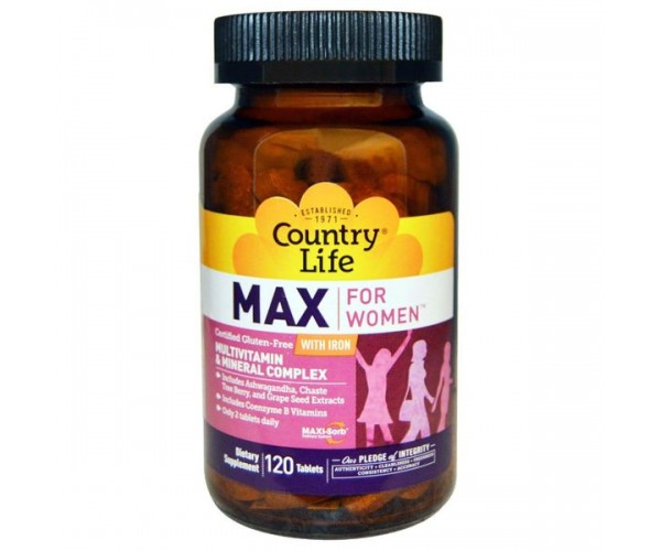 Вітаміни для жінок Max for Women with Iron Multivitamin & Mineral Country Life 120 таблеток (COL009)
Вітаміни для жінок Max for Women with Iron Multivitamin & Mineral Country Life 120 таблеток (COL009)