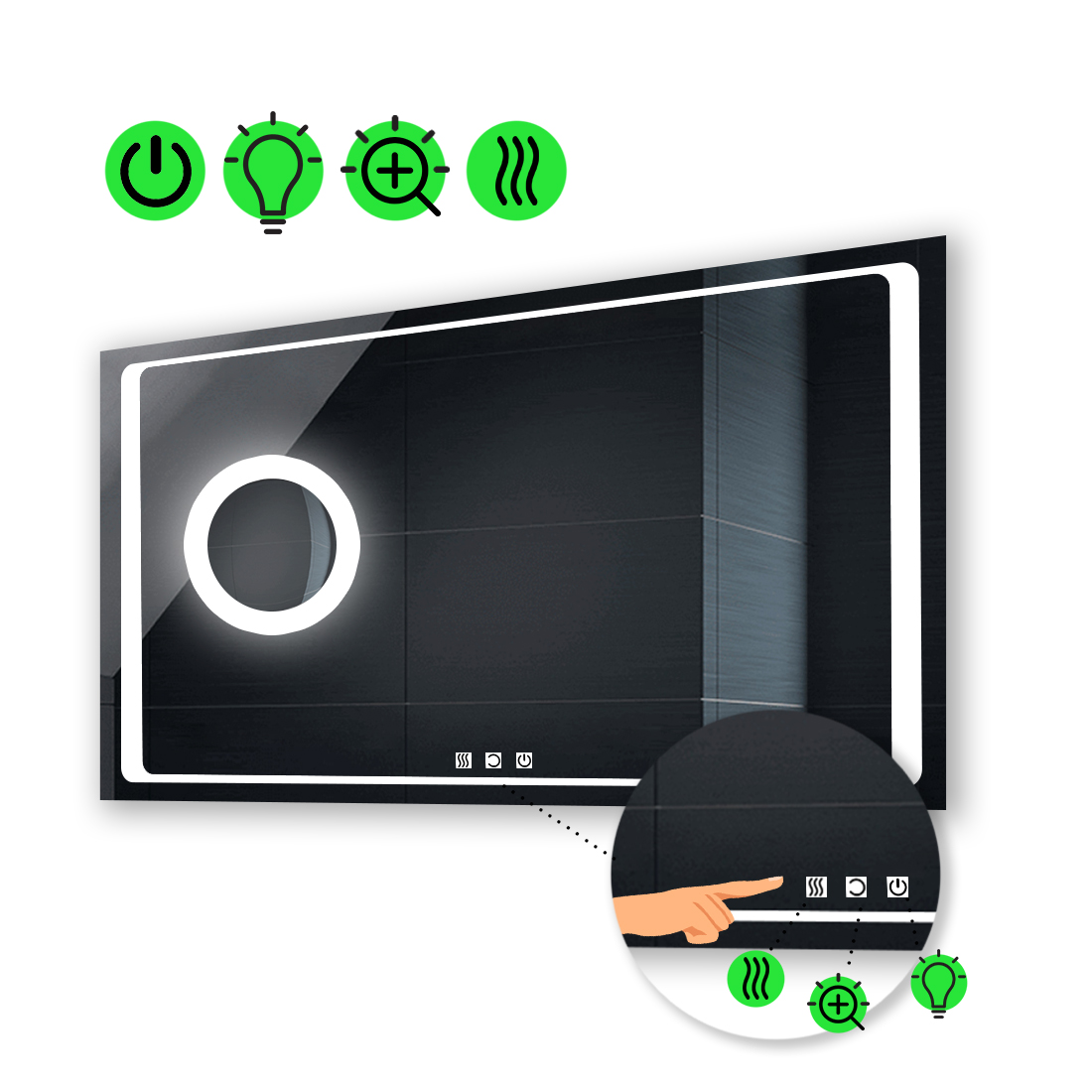 Зеркало Emma с Led-подсветкой, тремя сенсорами, подогревом, линзой с подсветкой 90x80 см 
Зеркало Emma с Led-подсветкой, тремя сенсорами, подогревом, линзой с подсветкой 90x80 см