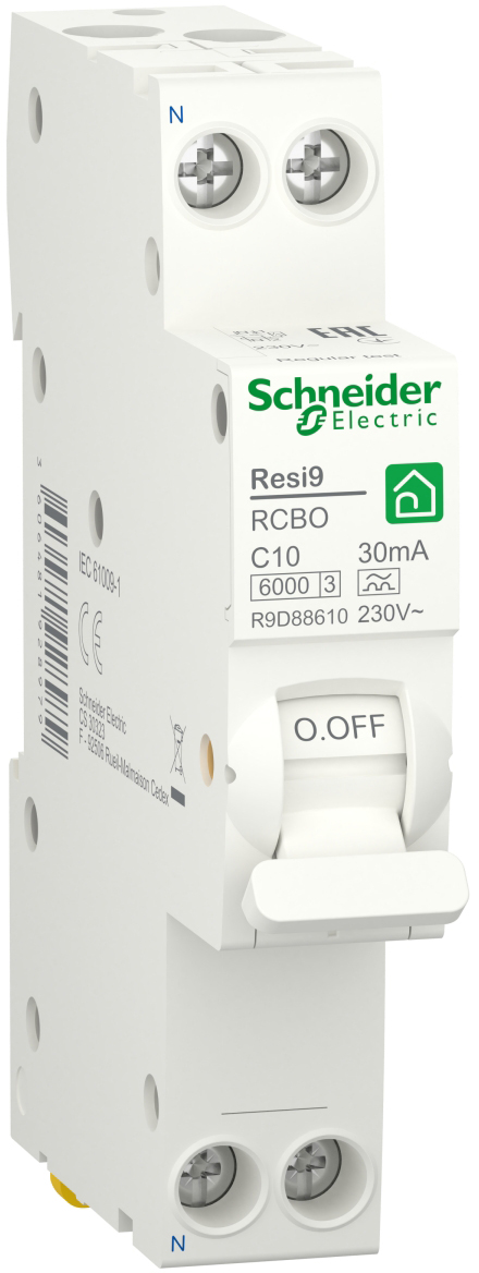 Компактний диференційний автоматичний вимикач Schneider Electric RESI9 10 А, 30 мА, 1P + N, 6 кА, крива С, тип А
Компактний диференційний автоматичний вимикач Schneider Electric RESI9 10 А, 30 мА, 1P + N, 6 кА, крива С, тип А