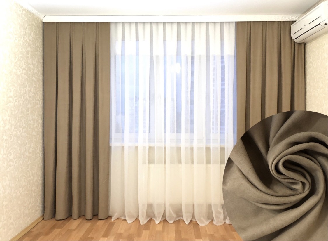 Комплект штор и тюли. Шторы замш бежево-песочные 250*250 (2шт). Тюль батист белый 600*250 (1шт)
Комплект штор и тюли. Шторы замш бежево-песочные 250*250 (2шт). Тюль батист белый 600*250 (1шт)