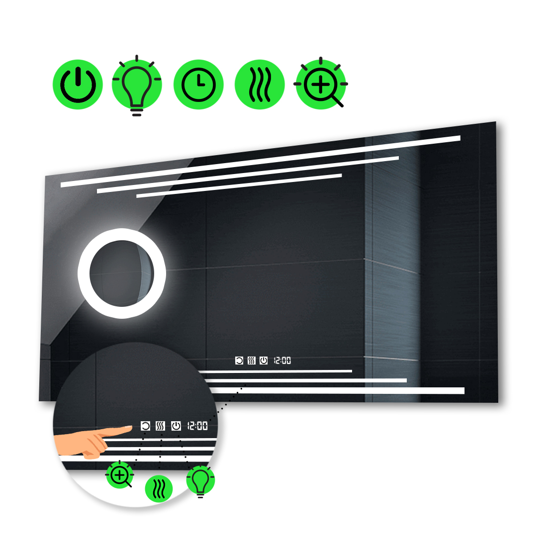 LED-зеркало 120x80см, с тремя сенсорами, часами, подогревом и линзой с подсветкой, модель Francisca.
LED-зеркало 120x80см, с тремя сенсорами, часами, подогревом и линзой с подсветкой, модель Francisca.