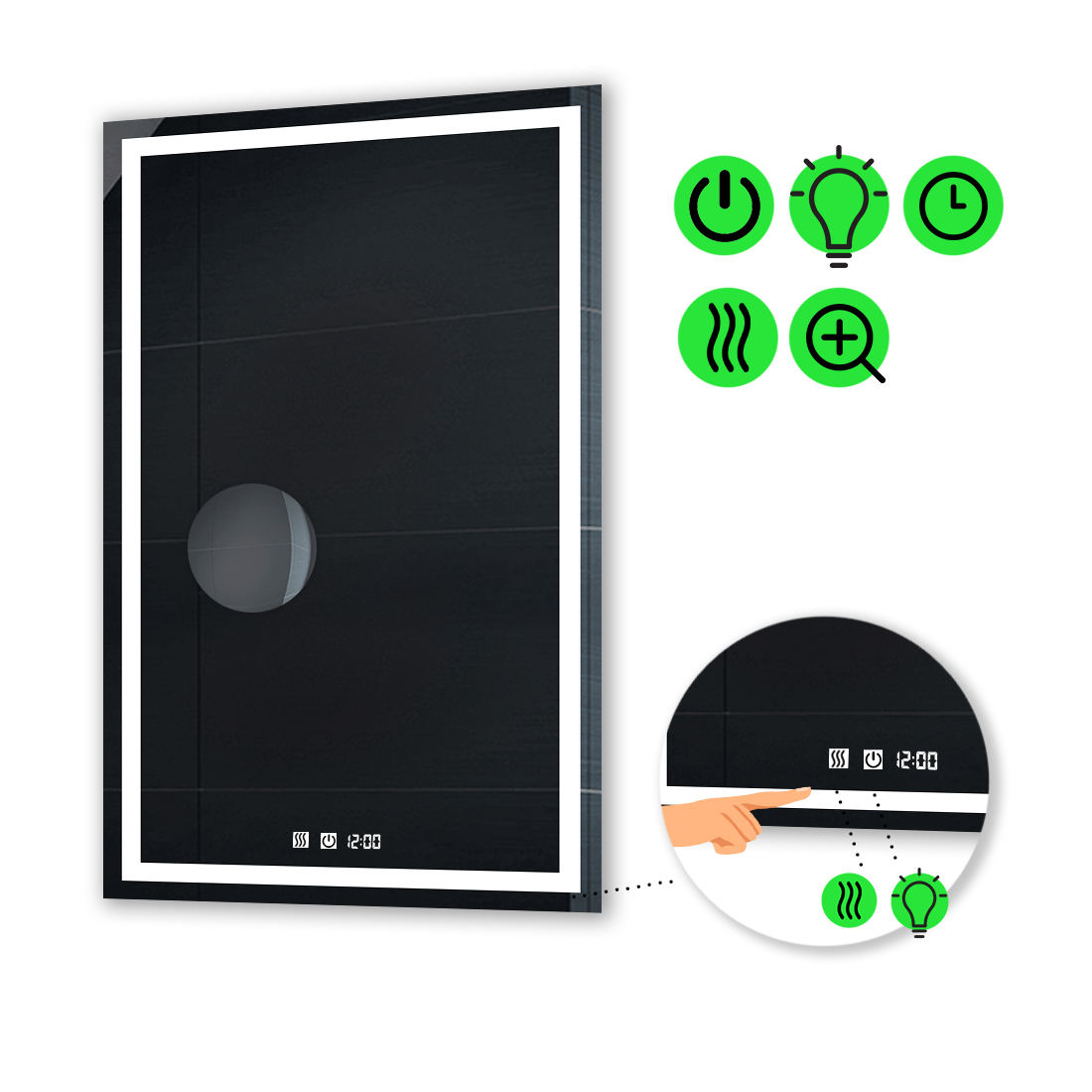 LED-зеркало 90x140см, с двумя сенсорами, часами, подогревом и линзой без подсветки, модель Karnet
LED-зеркало 90x140см, с двумя сенсорами, часами, подогревом и линзой без подсветки, модель Karnet