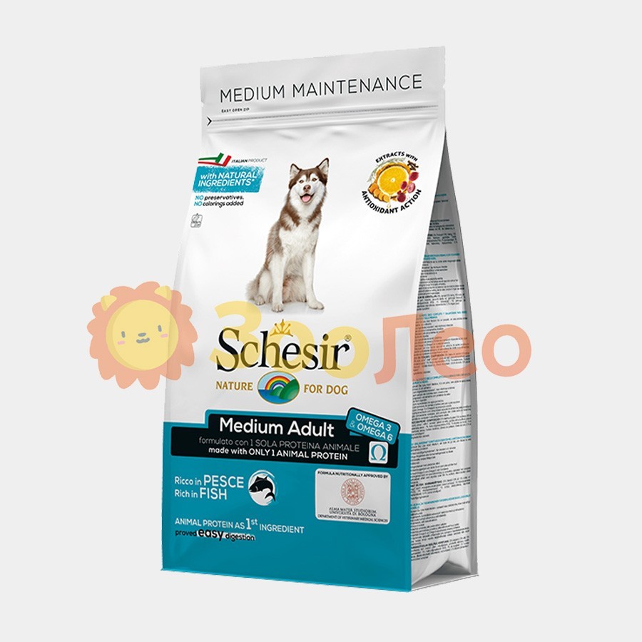 Сухой монопротеиновый корм Schesir Dog Medium Adult Fish для взрослых собак средних пород с рыбой 12 кг
Сухой монопротеиновый корм Schesir Dog Medium Adult Fish для взрослых собак средних пород с рыбой 12 кг