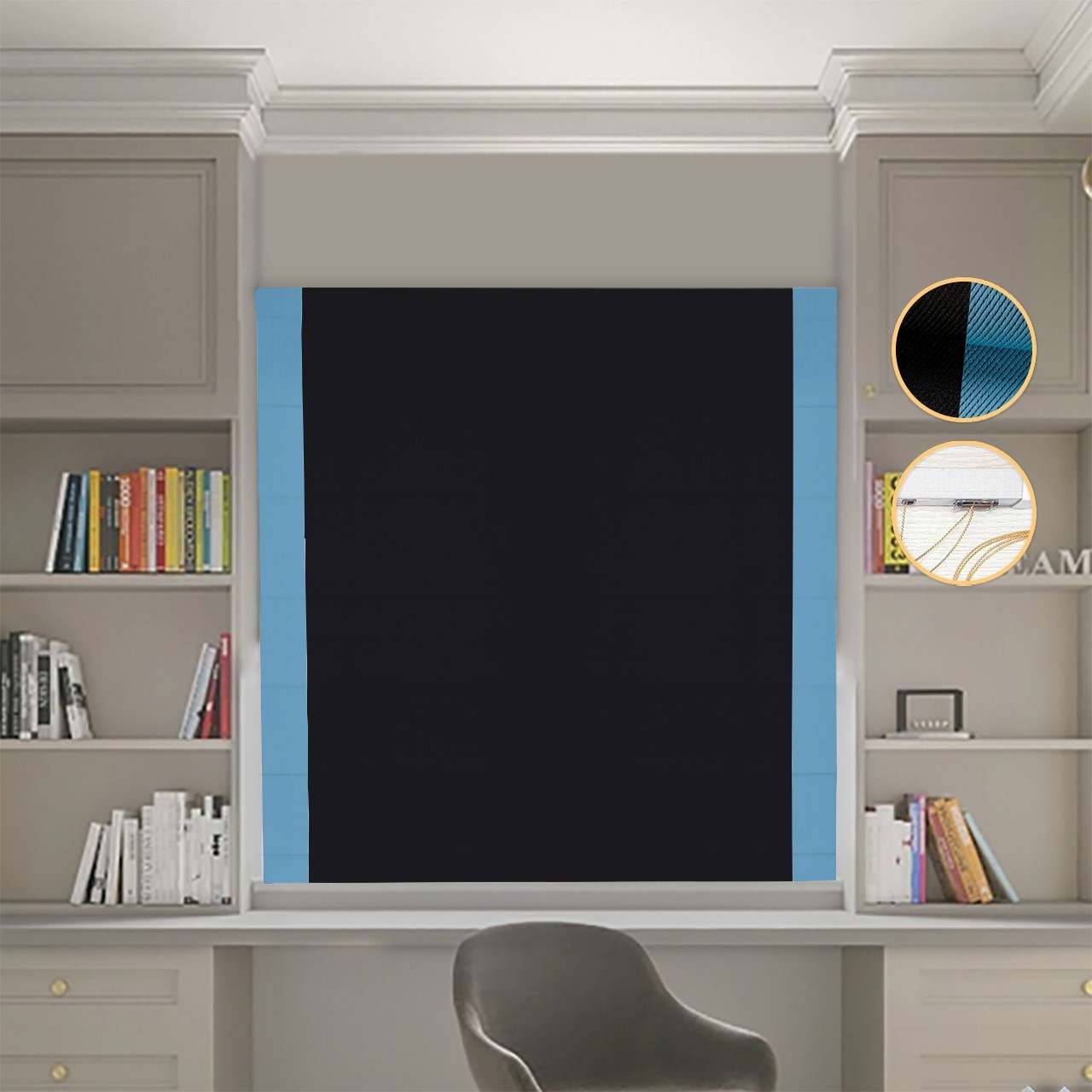 Римские шторы DECOLIV Блэкаут Перфект черный с голубыми кантами по бокам 270*170 см 
Римские шторы DECOLIV Блэкаут Перфект черный с голубыми кантами по бокам 270*170 см