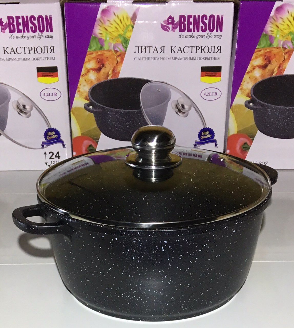 Кастрюля с крышкой мраморное антипригарное покрытие 4.2л Benson (BN-307 )
Кастрюля с крышкой мраморное антипригарное покрытие 4.2л Benson (BN-307 )