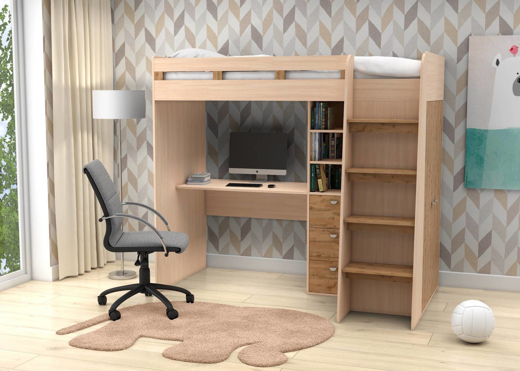 Кровать-чердак с рабочей зоной KidsBunkBed K-0212 дуб молочный венге 94 х1818 х205 см
Кровать-чердак с рабочей зоной KidsBunkBed K-0212 дуб молочный венге 94 х1818 х205 см
