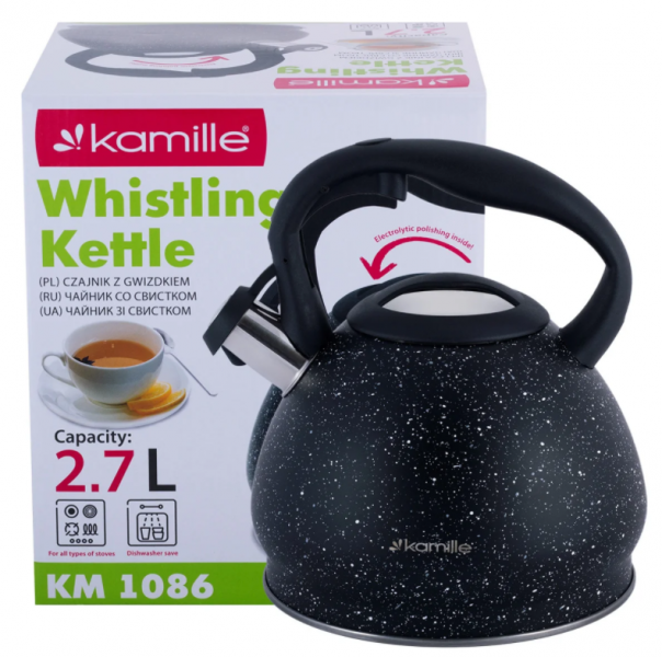 Чайник Kamille 2,7л из нержавеющей стали со свистком и нейлоновой ручкой KM-1086
Чайник Kamille 2,7л из нержавеющей стали со свистком и нейлоновой ручкой KM-1086