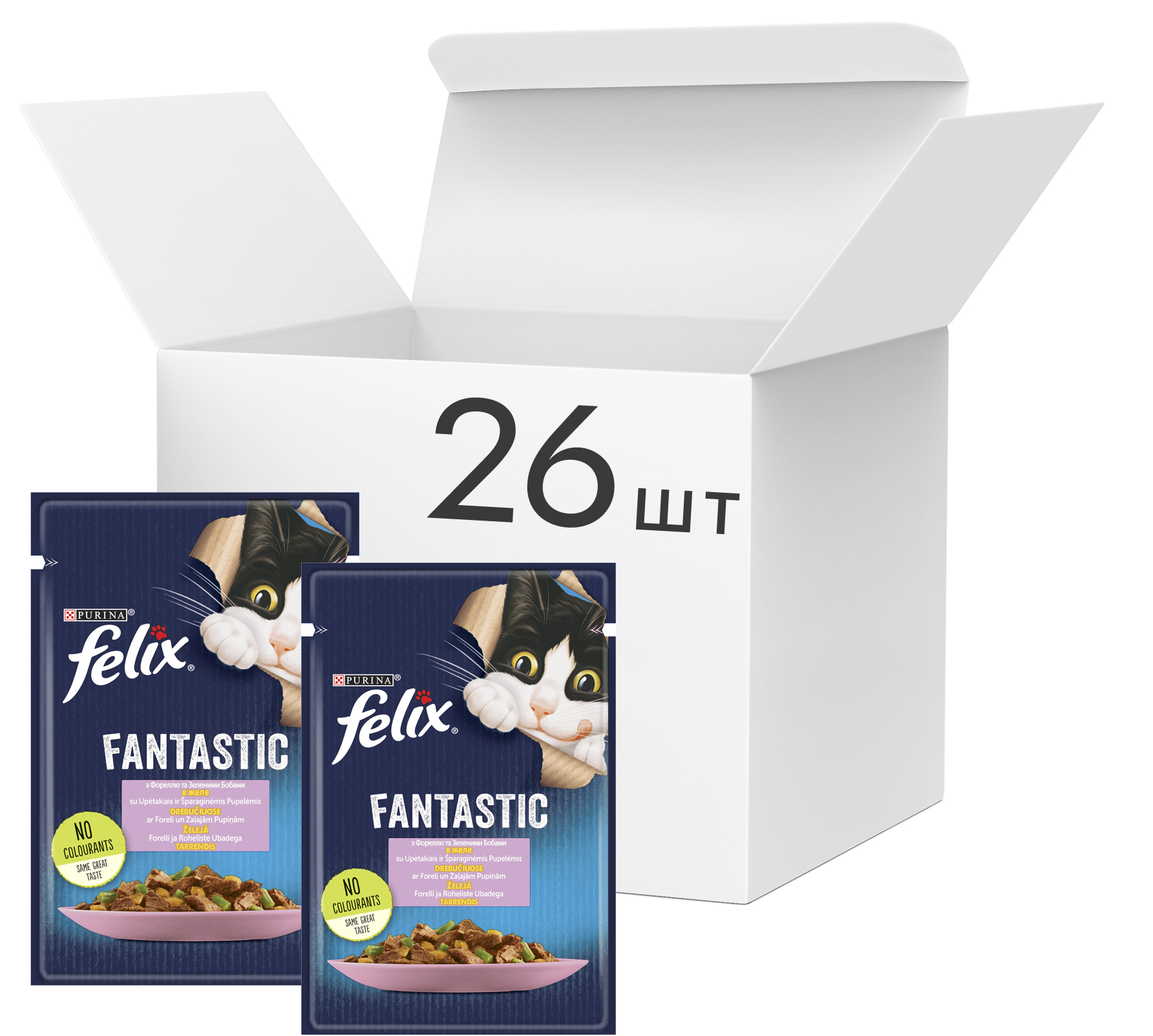 Упаковка влажного корма для котов Purina Felix Fantastic с форелью и зелеными бобами в желе 26 шт по 85 г
Упаковка влажного корма для котов Purina Felix Fantastic с форелью и зелеными бобами в желе 26 шт по 85 г