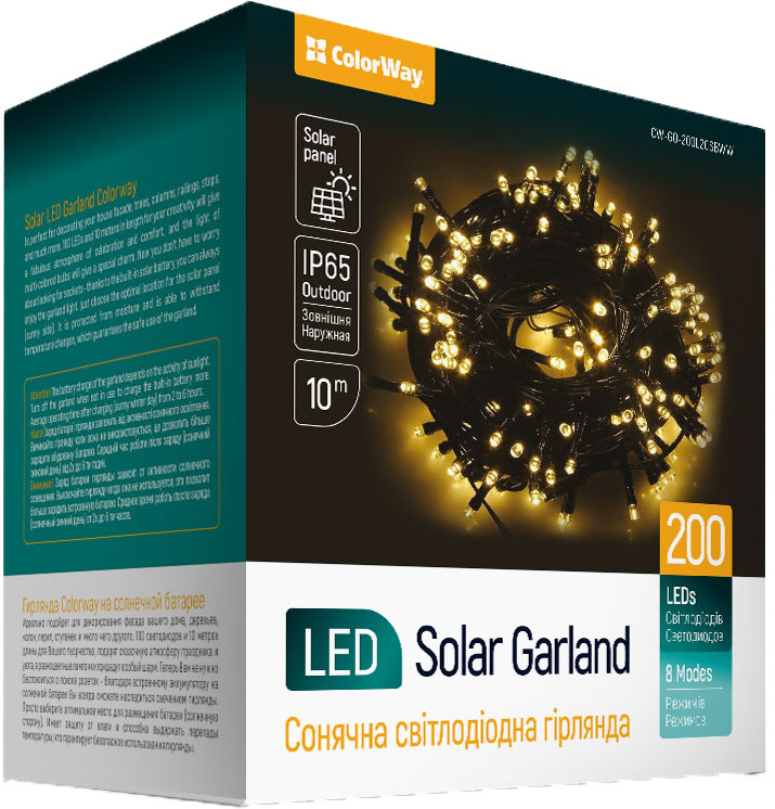 Светодиодная уличная гирлянда СolorWay на солнечной батарее 200 LED (IP65) 20 м Теплого свечения (CW-GO-200L20SBWW)
Светодиодная уличная гирлянда СolorWay на солнечной батарее 200 LED (IP65) 20 м Теплого свечения (CW-GO-200L20SBWW)