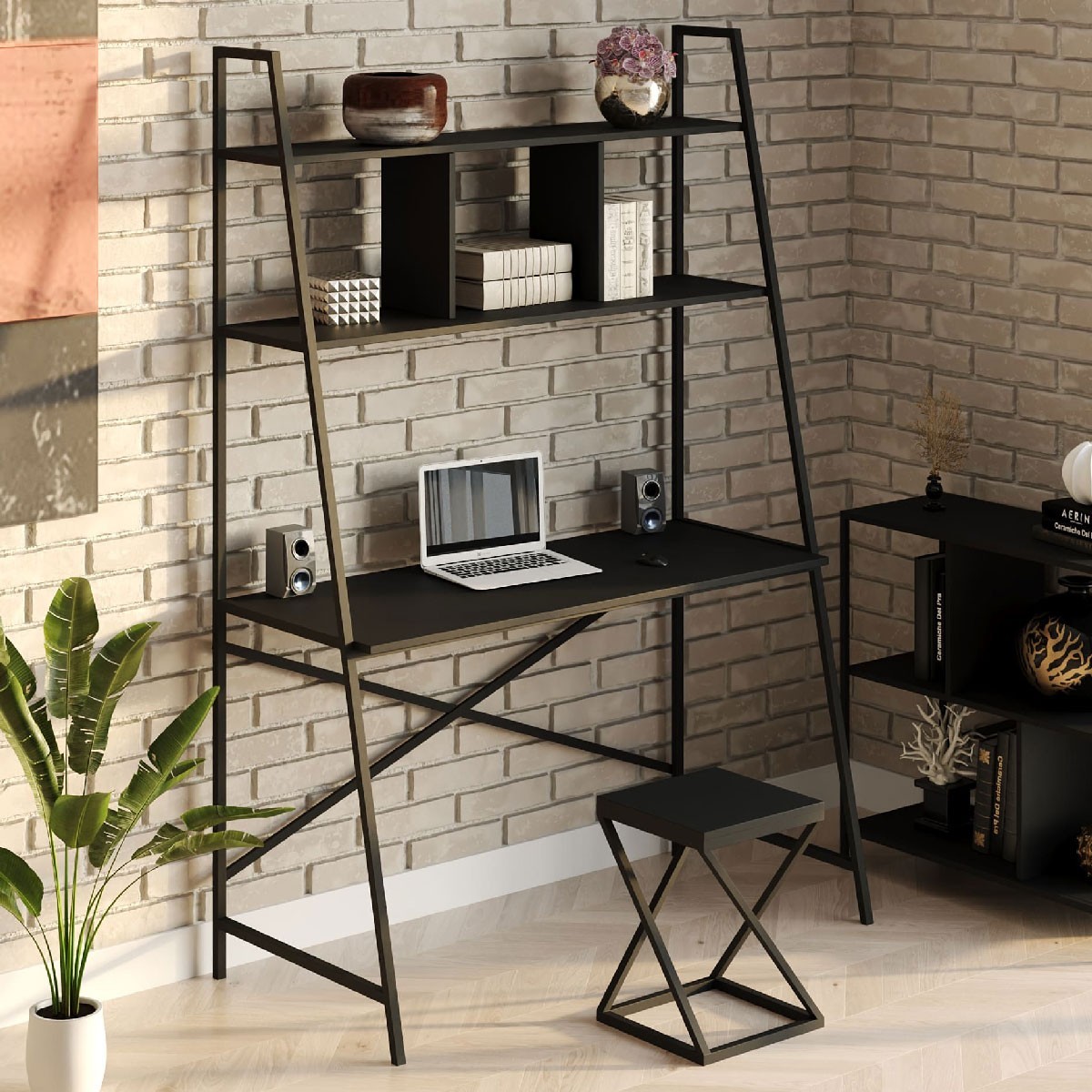 Стол компьютерный письменный с металлическим каркасом в стиле Лофт (Loft) DrevoGoods усиленный, прямой, рабочий для дома и офиса 1200х1800х600мм; металл: Черный; дерево: Черный + стеллаж с полками + табурет
Стол компьютерный письменный с металлическим каркасом в стиле Лофт (Loft) DrevoGoods усиленный, прямой, рабочий для дома и офиса 1200х1800х600мм; металл: Черный; дерево: Черный + стеллаж с полками + табурет