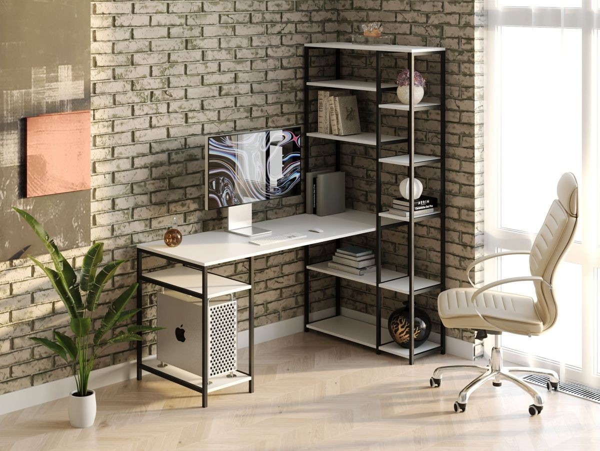 Стол компьютерный письменный с металлическим каркасом в стиле Лофт (Loft) DrevoGoods с полкой под системный блок усиленный, прямой, рабочий для дома и офиса 1000х1800х900мм; металл: Черный; дерево: Белый + стеллаж
Стол компьютерный письменный с металлическим каркасом в стиле Лофт (Loft) DrevoGoods с полкой под системный блок усиленный, прямой, рабочий для дома и офиса 1000х1800х900мм; металл: Черный; дерево: Белый + стеллаж