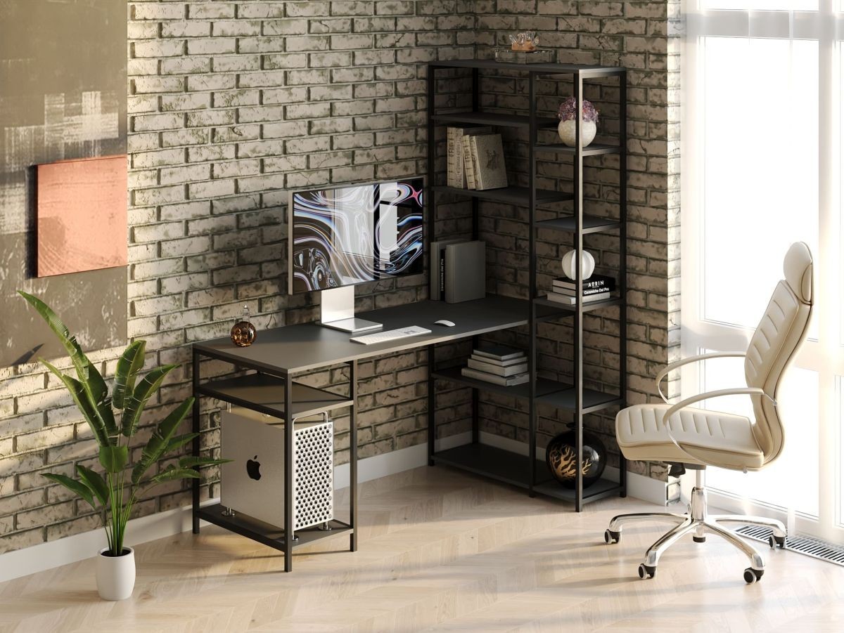 Стол компьютерный письменный с металлическим каркасом в стиле Лофт (Loft) DrevoGoods с полкой под системный блок усиленный, прямой, рабочий для дома и офиса 1000х1800х900мм; металл: Черный; дерево: Антрацит + стеллаж
Стол компьютерный письменный с металлическим каркасом в стиле Лофт (Loft) DrevoGoods с полкой под системный блок усиленный, прямой, рабочий для дома и офиса 1000х1800х900мм; металл: Черный; дерево: Антрацит + стеллаж
