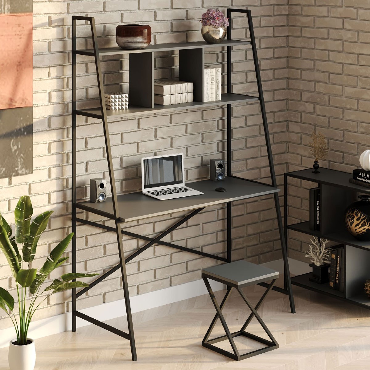 Стол компьютерный письменный с металлическим каркасом в стиле Лофт (Loft) DrevoGoods усиленный, прямой, рабочий для дома и офиса 1000х1800х600мм; металл: Черный; дерево: Антрацит + стеллаж с полками без табурета
Стол компьютерный письменный с металлическим каркасом в стиле Лофт (Loft) DrevoGoods усиленный, прямой, рабочий для дома и офиса 1000х1800х600мм; металл: Черный; дерево: Антрацит + стеллаж с полками без табурета