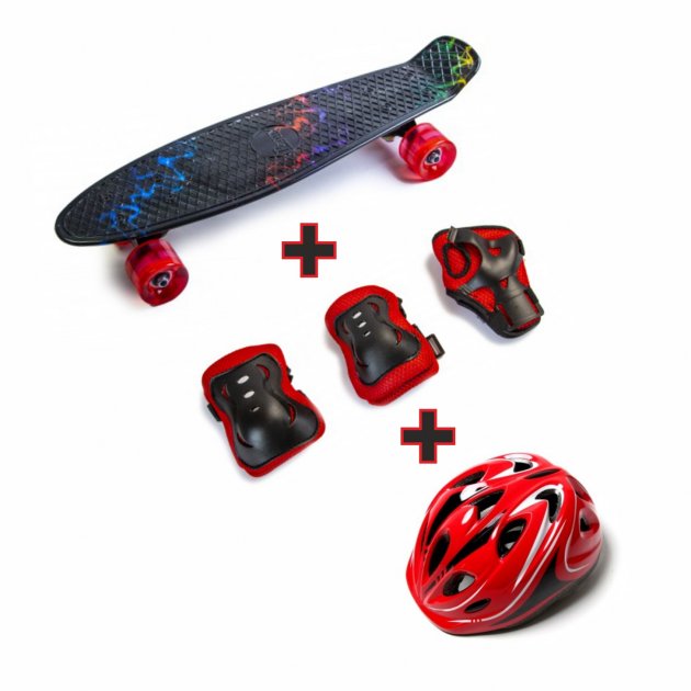 Комплект Пенни борд Penny Board 22" Molny со светящимися колесами, защита черно красная, шлем красный
Комплект Пенни борд Penny Board 22" Molny со светящимися колесами, защита черно красная, шлем красный