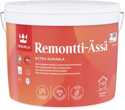 Краска интерьерная стойкая к мытью Tikkurila Remontti-Ässä 9 л Белая (6408070001622)
Краска интерьерная стойкая к мытью Tikkurila Remontti-Ässä 9 л Белая (6408070001622)