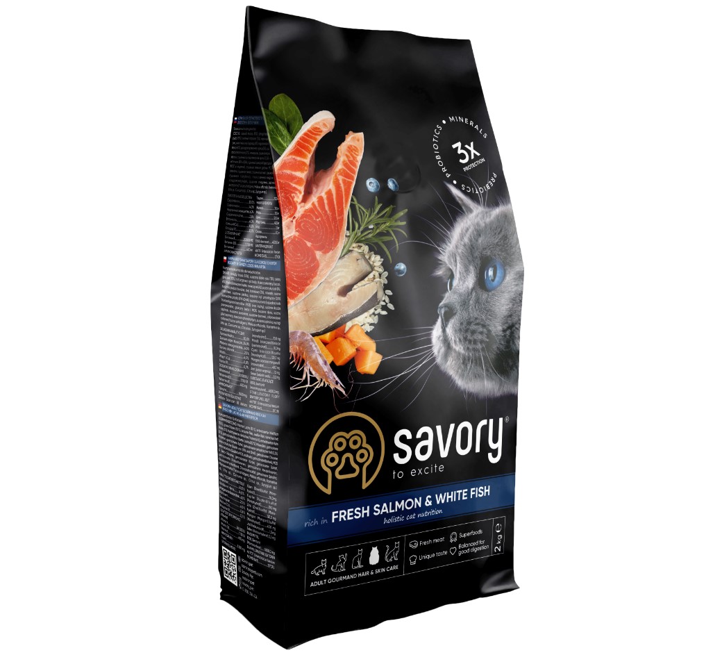 Сухой корм со свежим лососем и белой рыбой для длинношерстных котов Savory Adult Cat Gourmand Fresh Salmon & White Fish 2 кг Savory BGL-SV-14
Сухой корм со свежим лососем и белой рыбой для длинношерстных котов Savory Adult Cat Gourmand Fresh Salmon & White Fish 2 кг Savory BGL-SV-14