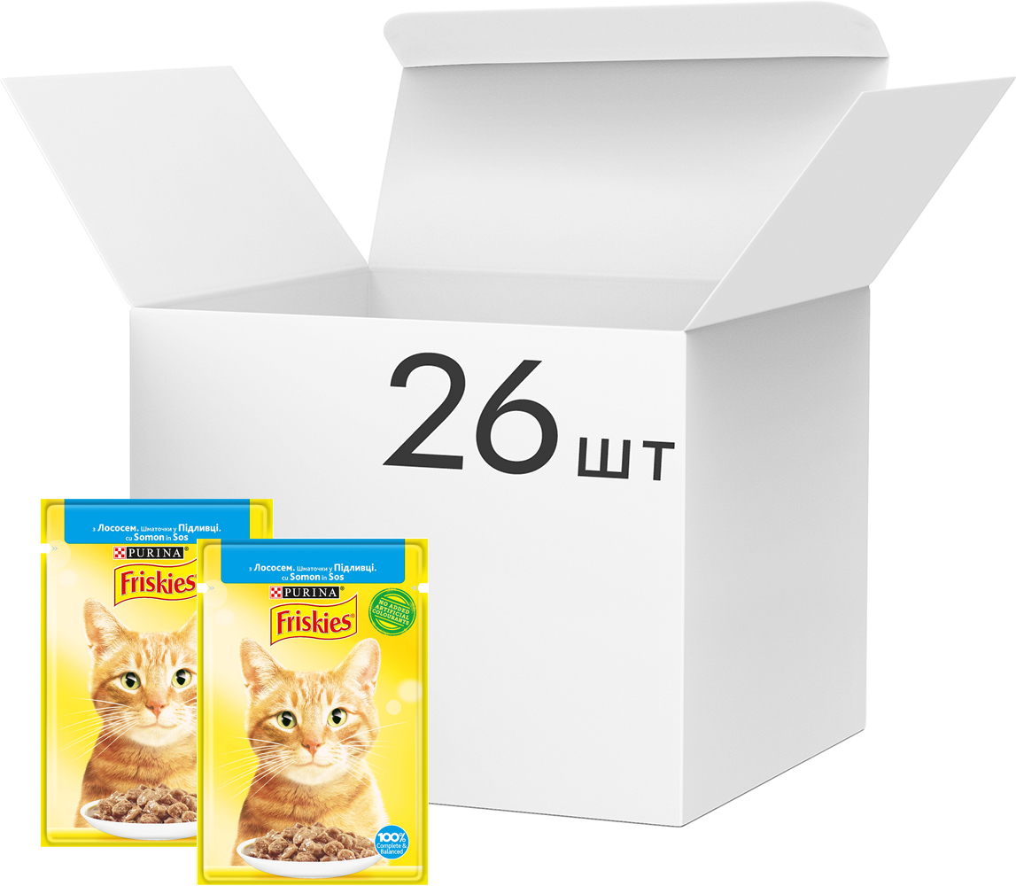 Упаковка влажного корма Purina Friskies кусочки в подливе с лососем 26 шт по 85 г (7613036962247)
Упаковка влажного корма Purina Friskies кусочки в подливе с лососем 26 шт по 85 г (7613036962247)