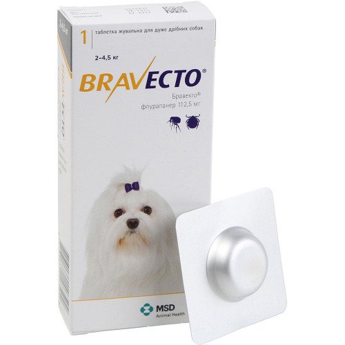 Жевательная таблетка Bravecto от блох и клещей для собак мелких пород от 2 до 4,5 кг, 112,5 мг
Жевательная таблетка Bravecto от блох и клещей для собак мелких пород от 2 до 4,5 кг, 112,5 мг