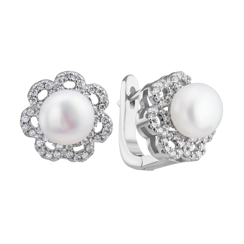 Серебряные серьги с жемчугом и фианитами 000132596 
Серебряные серьги с жемчугом и фианитами 000132596