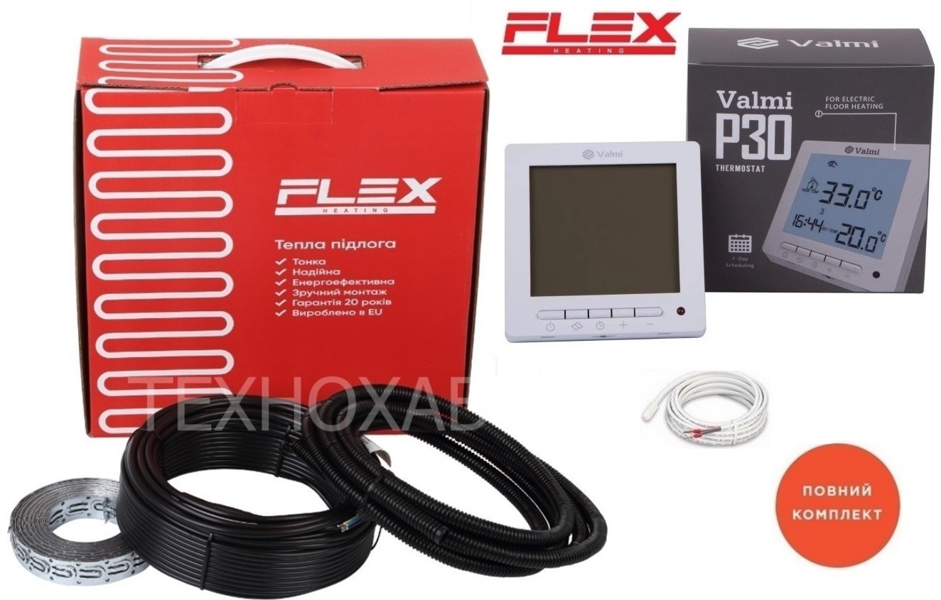Электрический теплый пол Flex 8м²-9,6м²/ 1400Вт (80м) тонкий греющий кабель под плитку 17,5 Вт/м с программируемым терморегулятором Valmi P30
Электрический теплый пол Flex 8м²-9,6м²/ 1400Вт (80м) тонкий греющий кабель под плитку 17,5 Вт/м с программируемым терморегулятором Valmi P30