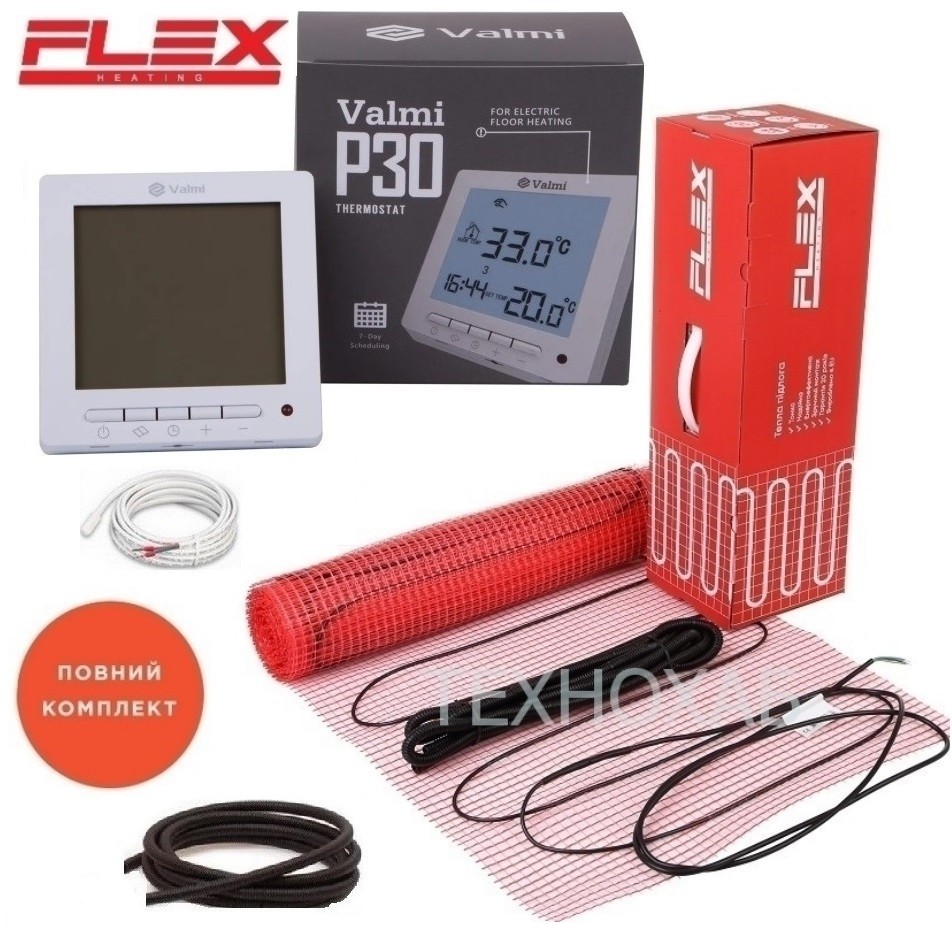 Электрический теплый пол Flex EHM 10м²/ 1750Вт/ 175Вт/м² тонкий нагревательный мат под плитку с программируемым терморегулятором Valmi P30
Электрический теплый пол Flex EHM 10м²/ 1750Вт/ 175Вт/м² тонкий нагревательный мат под плитку с программируемым терморегулятором Valmi P30