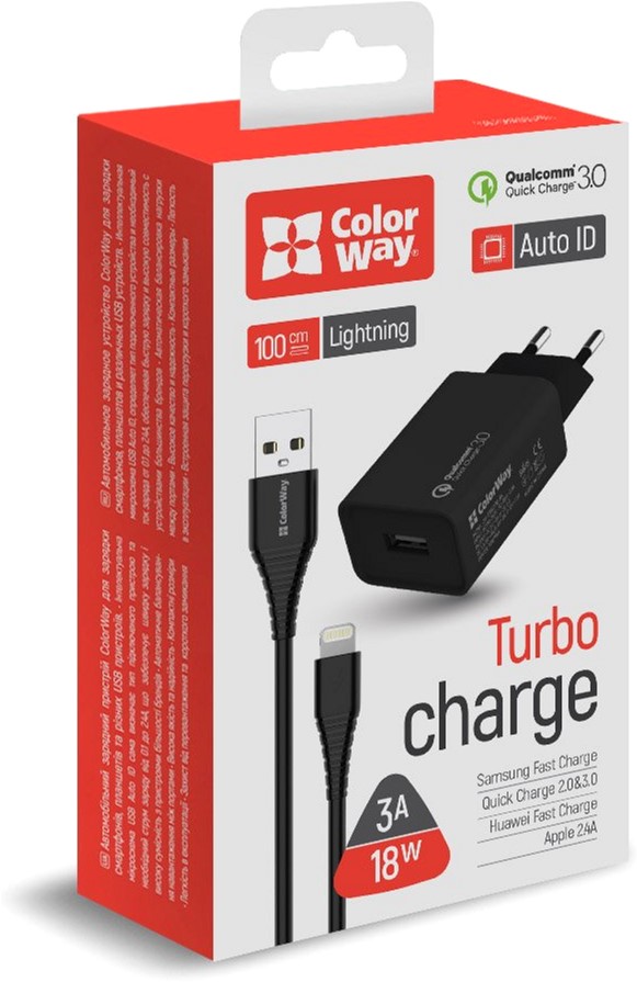 Зарядное устройство ColorWay 1USB Quick Charge 3.0 (18W) черное + кабель Lightning (CW-CHS013QCL-BK)
Зарядное устройство ColorWay 1USB Quick Charge 3.0 (18W) черное + кабель Lightning (CW-CHS013QCL-BK)
