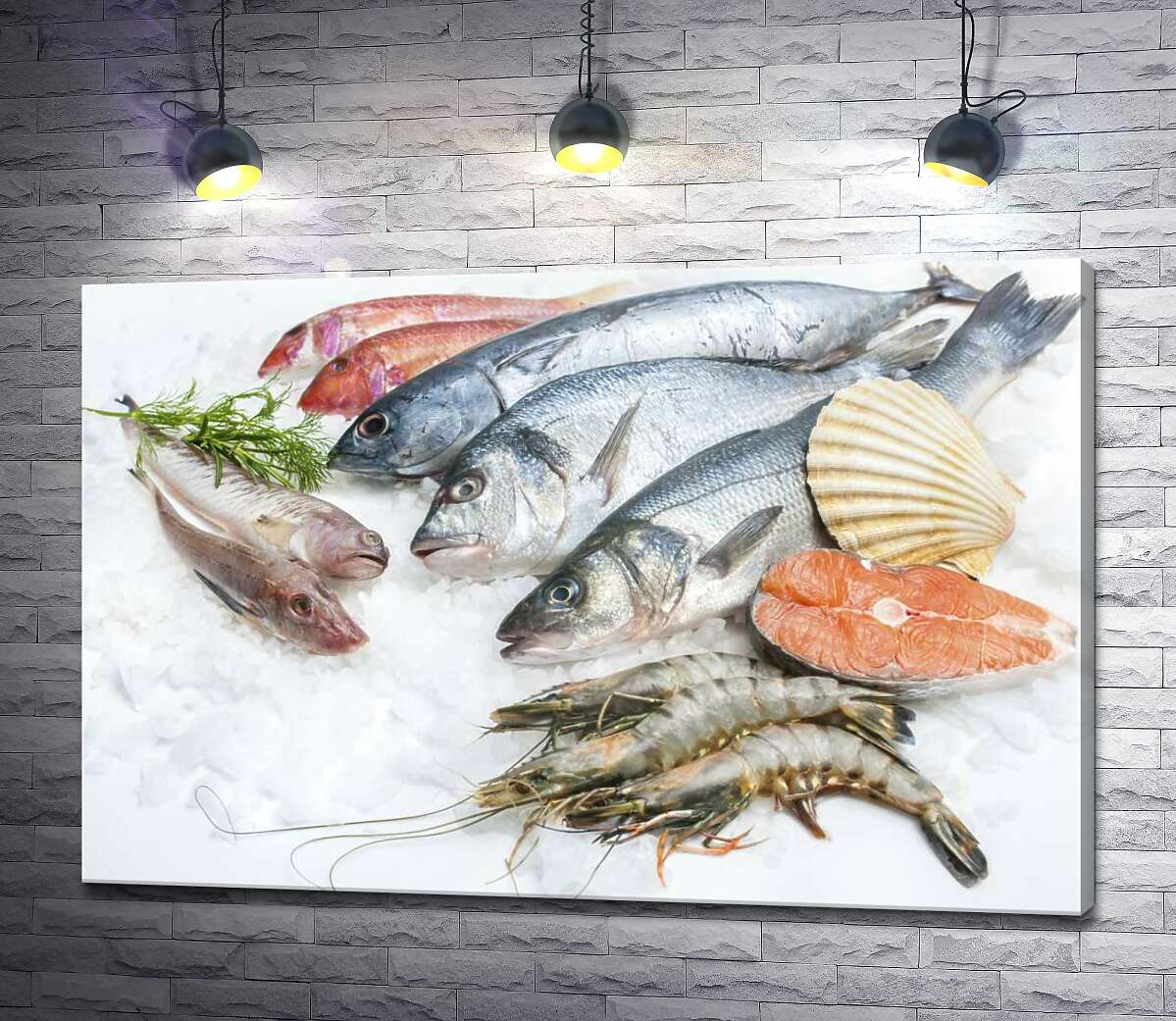 Картина ArtPoster Разнообразие морской рыбы и креветок на холоде льда 130x87 см Модуль №1
Картина ArtPoster Разнообразие морской рыбы и креветок на холоде льда 130x87 см Модуль №1