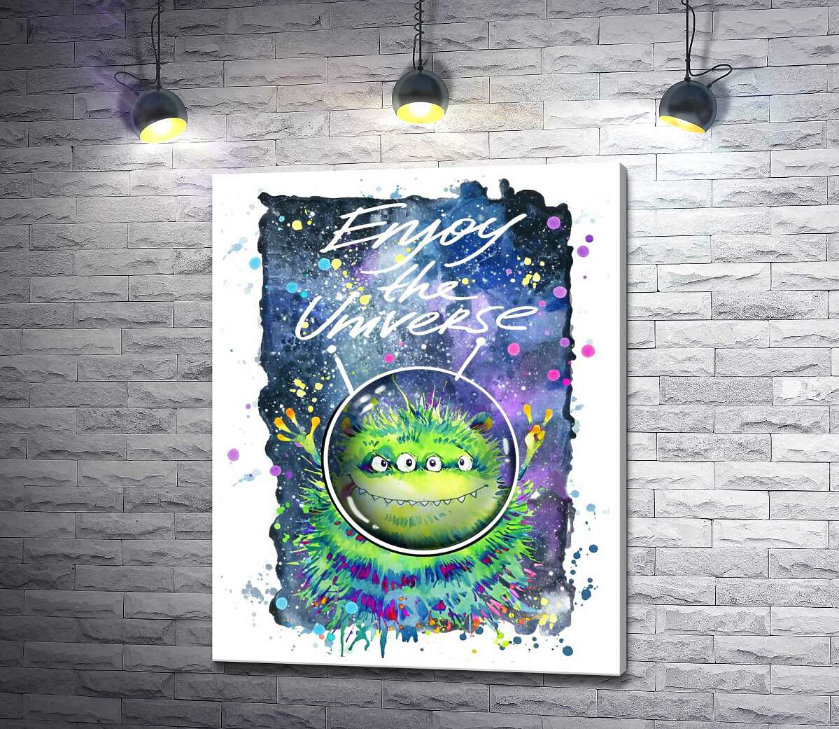 Картина ArtPoster Четырехглазый зеленый монстр летает в космосе возле надписи "Enjoy the Universe" 130x166 см Модуль №1
Картина ArtPoster Четырехглазый зеленый монстр летает в космосе возле надписи "Enjoy the Universe" 130x166 см Модуль №1