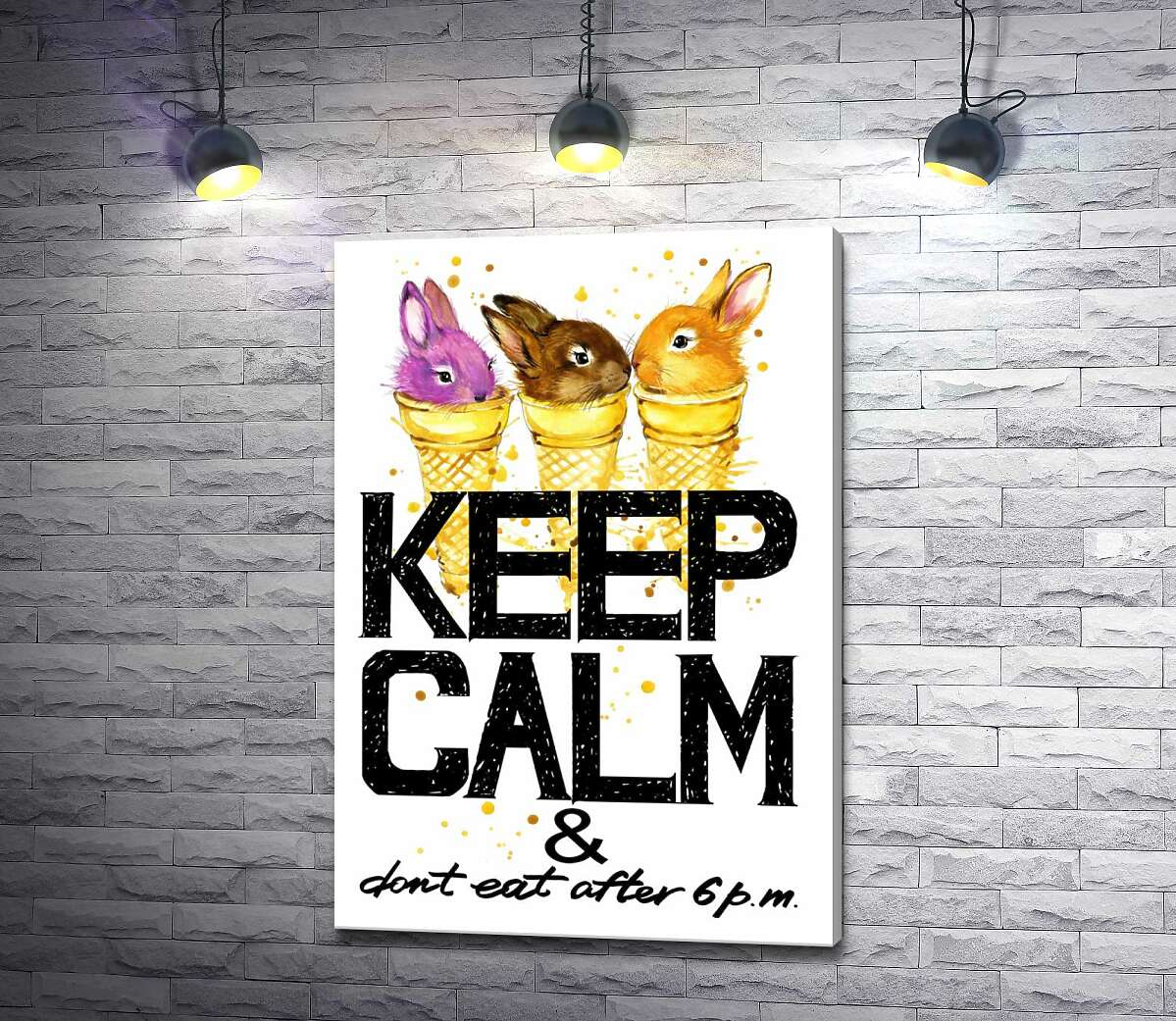 Картина ArtPoster Цветные зайцы в рожках мороженого над надписью "keep calm and don't eat after 6 p.m." 130x190 см Модуль №1
Картина ArtPoster Цветные зайцы в рожках мороженого над надписью "keep calm and don't eat after 6 p.m." 130x190 см Модуль №1