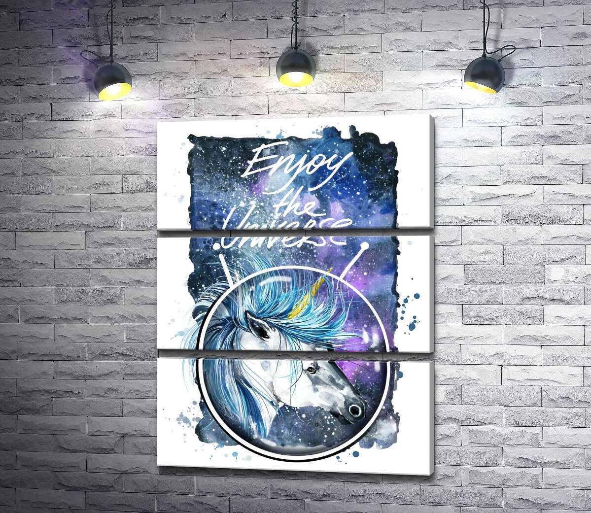 Модульная картина ArtPoster Голубая грива единорога развевается в космическом пространстве рядом с надписью "Enjoy the Universe" 100x129 см Модуль №13
Модульная картина ArtPoster Голубая грива единорога развевается в космическом пространстве рядом с надписью "Enjoy the Universe" 100x129 см Модуль №13