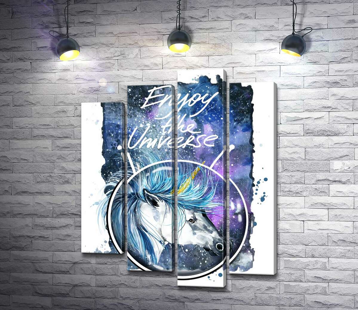 Модульная картина ArtPoster Голубая грива единорога развевается в космическом пространстве рядом с надписью "Enjoy the Universe" 100x130 см Модуль №21
Модульная картина ArtPoster Голубая грива единорога развевается в космическом пространстве рядом с надписью "Enjoy the Universe" 100x130 см Модуль №21
