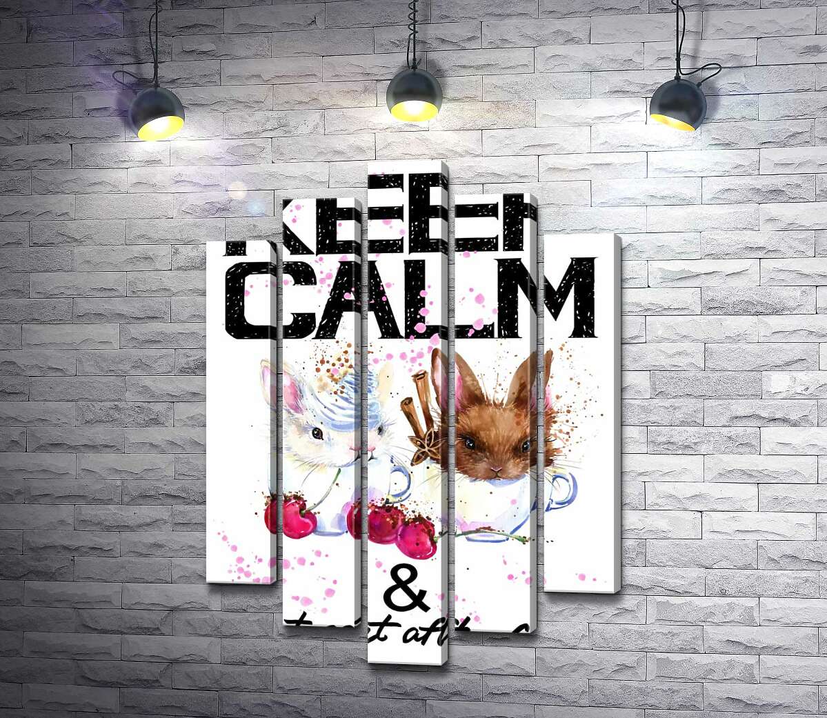 Модульная картина ArtPoster Зайцы в чашках с кофе между надписью "keep calm and don't eat after 6 p.m." 100x148 см Модуль №26
Модульная картина ArtPoster Зайцы в чашках с кофе между надписью "keep calm and don't eat after 6 p.m." 100x148 см Модуль №26