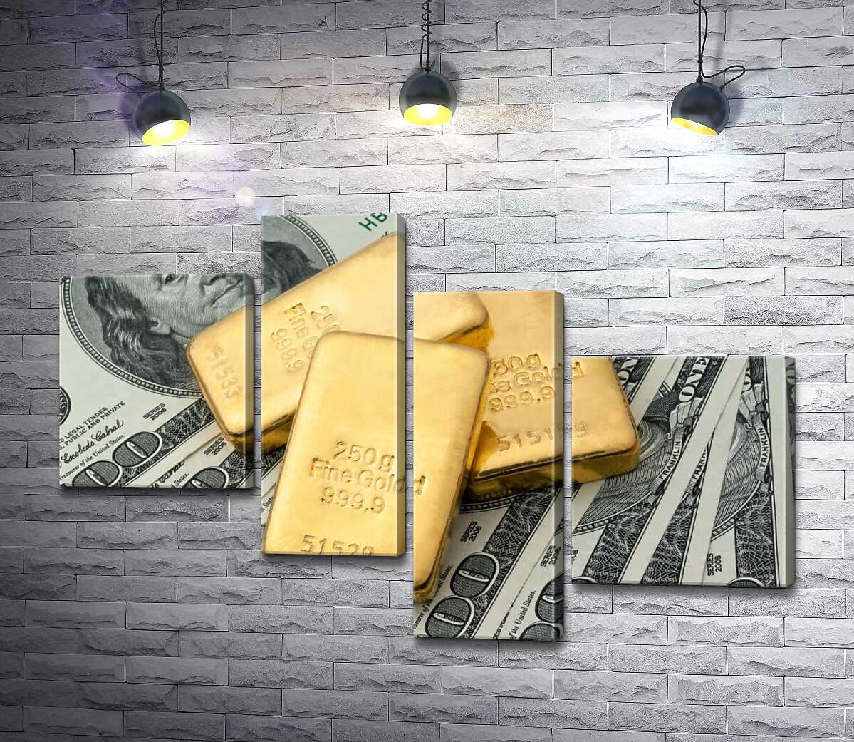 Модульная картина ArtPoster Золотые слитки сверкают на долларовых купюрах 100x69 см Модуль №20
Модульная картина ArtPoster Золотые слитки сверкают на долларовых купюрах 100x69 см Модуль №20
