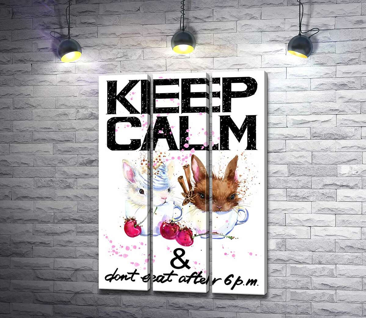 Модульная картина ArtPoster Зайцы в чашках с кофе между надписью "keep calm and don't eat after 6 p.m." 60x88 см Модуль №11
Модульная картина ArtPoster Зайцы в чашках с кофе между надписью "keep calm and don't eat after 6 p.m." 60x88 см Модуль №11