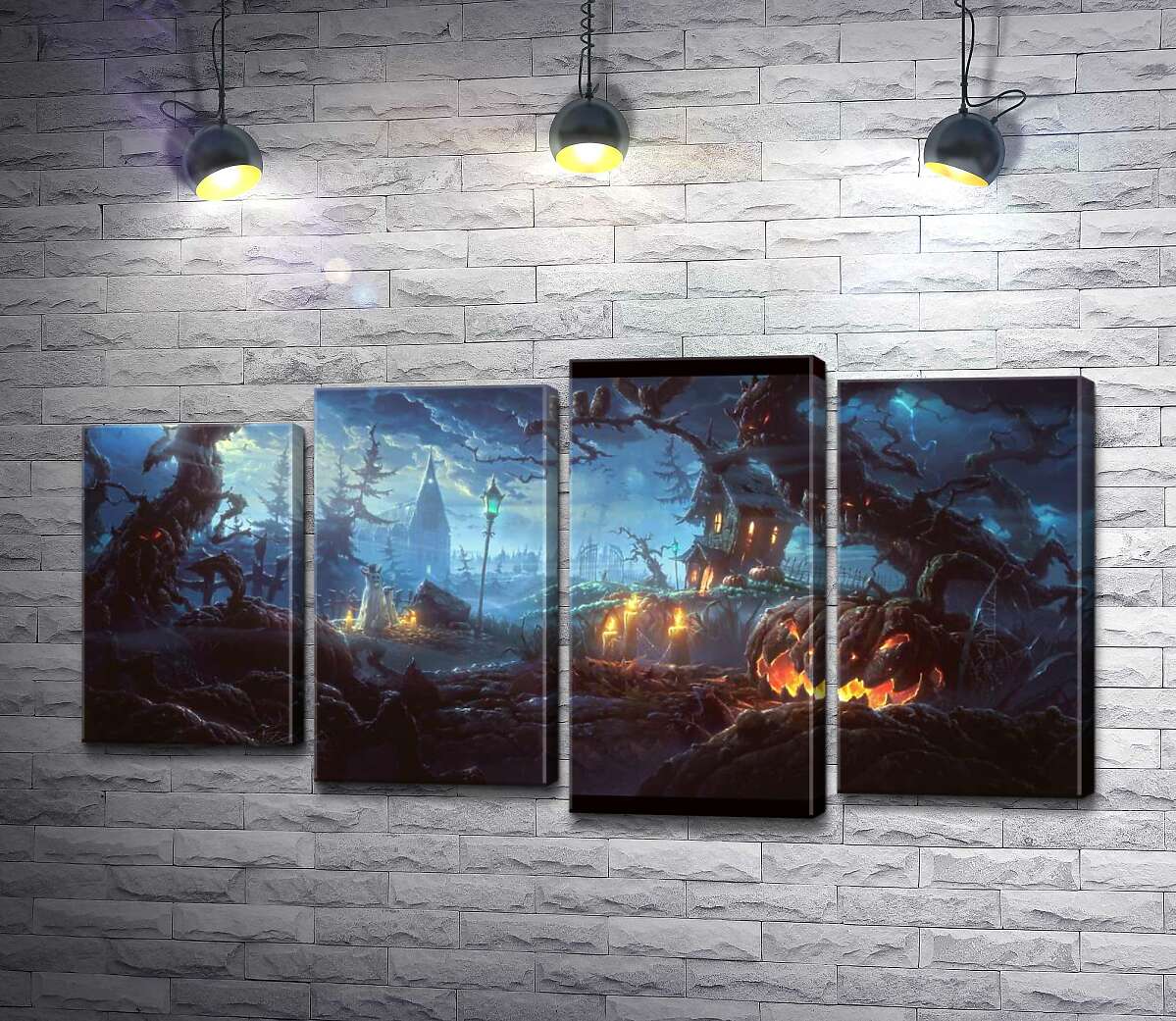 Модульная картина ArtPoster Жуткая атмосфера Хэллоуина : злая тыква, среди деревьев-монстров на могилах за старым поместьем 100x53 см Модуль №21
Модульная картина ArtPoster Жуткая атмосфера Хэллоуина : злая тыква, среди деревьев-монстров на могилах за старым поместьем 100x53 см Модуль №21