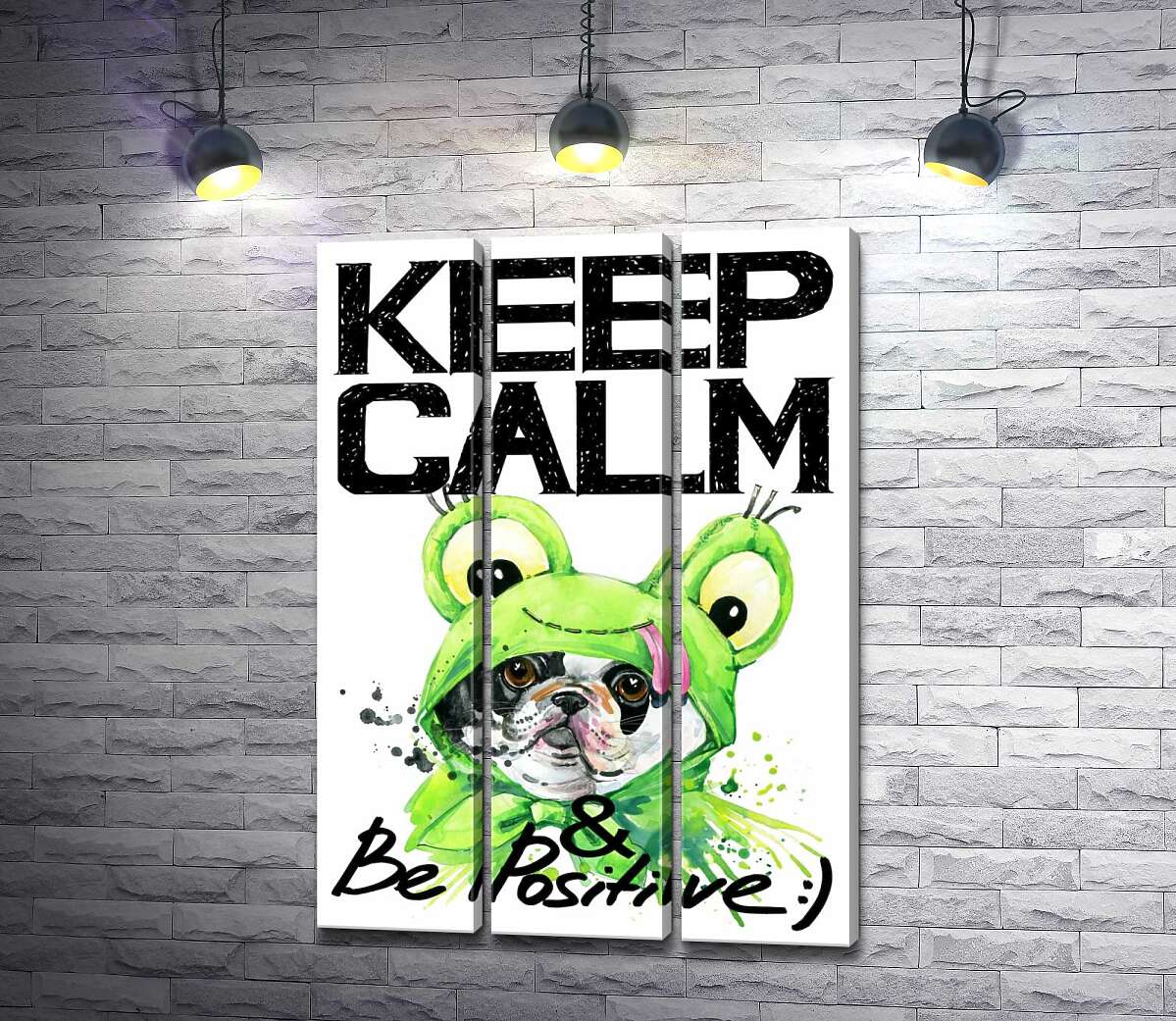 Модульная картина ArtPoster Мопс в зеленом костюме лягушки под надписью "keep calm and be positive" 132x190 см Модуль №11
Модульная картина ArtPoster Мопс в зеленом костюме лягушки под надписью "keep calm and be positive" 132x190 см Модуль №11