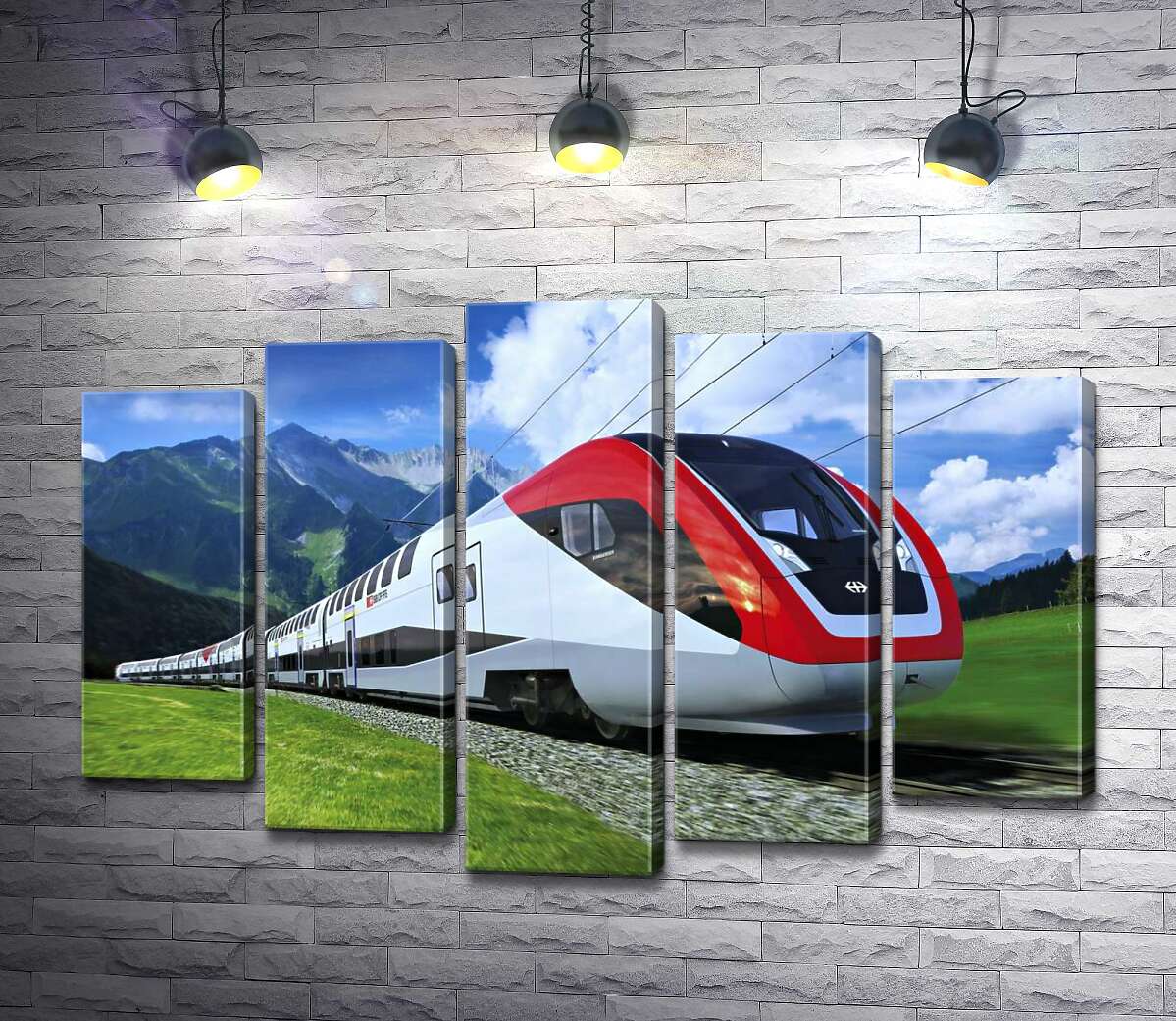 Модульная картина ArtPoster Новейший поезд несется по железнодорожному пути среди зеленых гор 130x88 см Модуль №26
Модульная картина ArtPoster Новейший поезд несется по железнодорожному пути среди зеленых гор 130x88 см Модуль №26