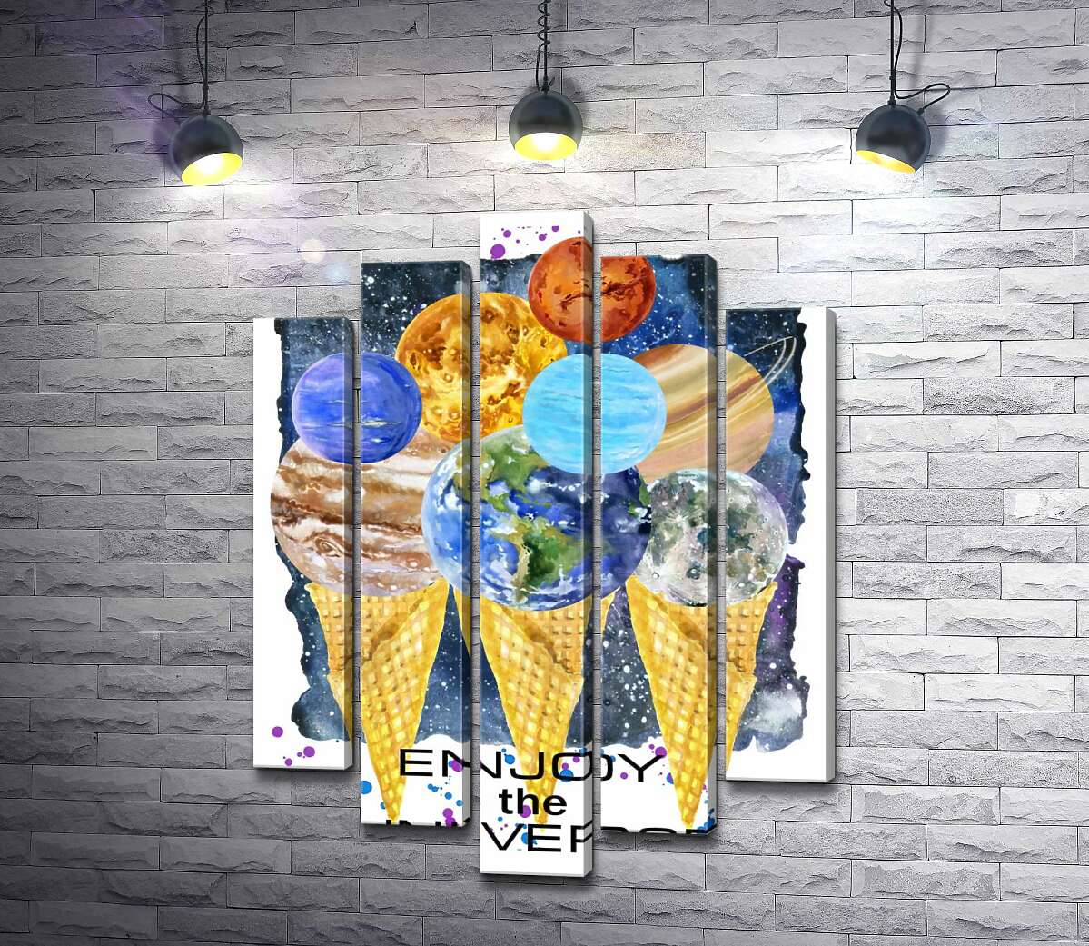 Модульная картина ArtPoster Планеты Солнечной системы собрались на рожках мороженого с надписью "enjoy the universe" 130x179 см Модуль №26
Модульная картина ArtPoster Планеты Солнечной системы собрались на рожках мороженого с надписью "enjoy the universe" 130x179 см Модуль №26